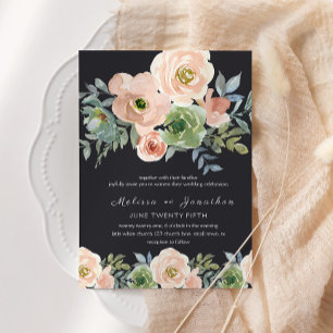 Invitation Mariage Floral Pastel Vert Pêche et Navy