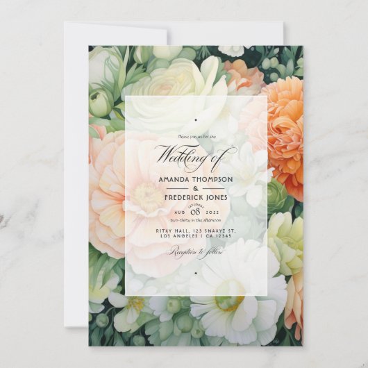 Invitation Mariage floral pêche, blanc et vert (Devant)