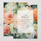 Invitation Mariage floral pêche, blanc et vert (Devant / Derrière)
