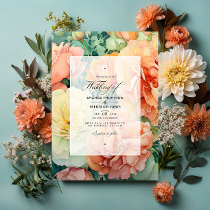 Invitation Mariage floral pêche, crème et vert mousse