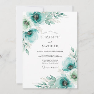 Invitation Mariage floral peint à la teinte sarcelle