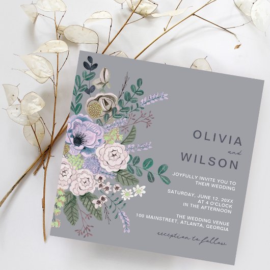 Invitation Mariage floral Peint Grey & Lavender Boho