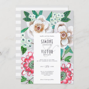 Invitation Mariage floral peint gris élégant