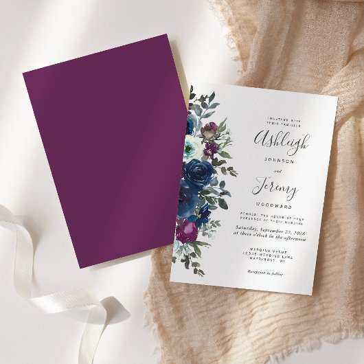 Invitation Mariage floral Plum Navy bleu aquarelle