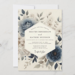 Invitation Mariage Floral Poétique Bleu Ardoise