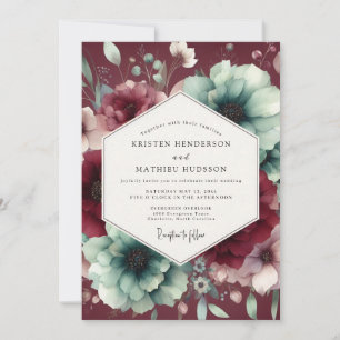 Invitation Mariage Floral Poétique Bourgogne & Sarcelle