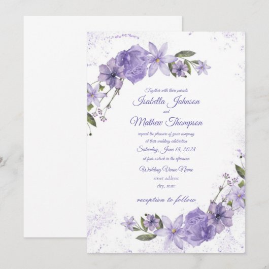 Invitation Mariage floral pourpre (Devant / Derrière)