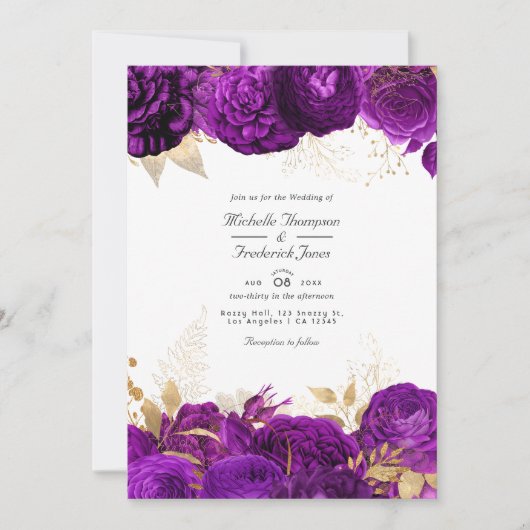 Invitation Mariage floral pourpre et or (Devant)