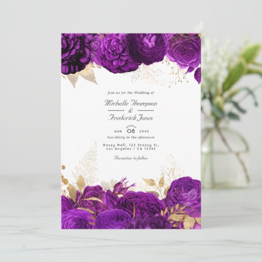 Invitation Mariage floral pourpre et or (Debout devant)