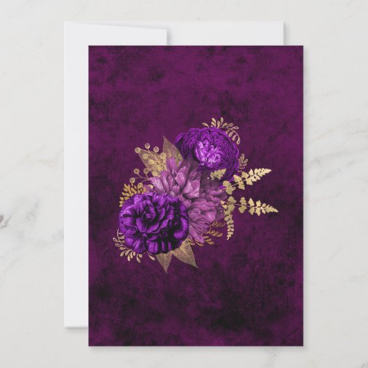 Invitation Mariage floral pourpre et or (Dos)