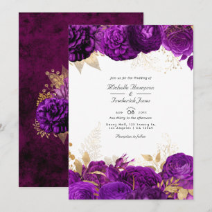 Invitation Mariage floral pourpre et or