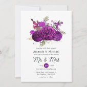 Invitation Mariage floral pourpre et or royal (Devant)