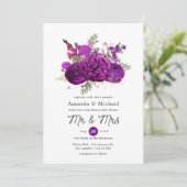 Invitation Mariage floral pourpre et or royal (Debout devant)