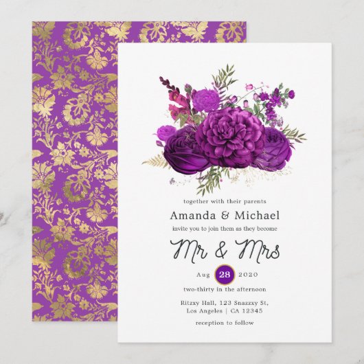 Invitation Mariage floral pourpre et or royal (Devant / Derrière)