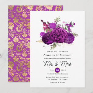 Invitation Mariage floral pourpre et or royal