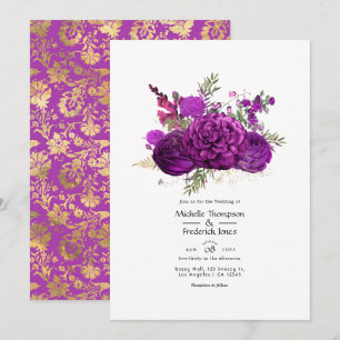 Invitation Mariage floral pourpre et or royal