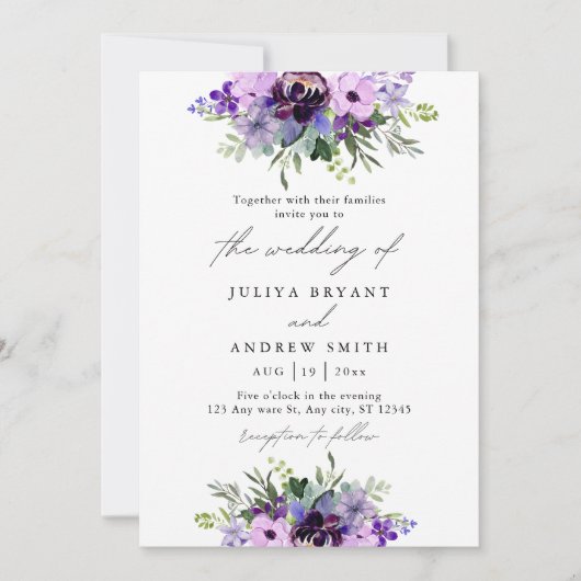 Invitation Mariage floral pourpre et vert (Devant)