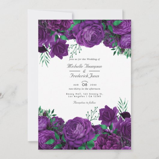 Invitation Mariage floral pourpre et vert QR Code Rsvp (Devant)