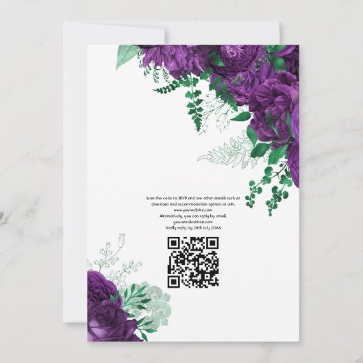 Invitation Mariage floral pourpre et vert QR Code Rsvp (Dos)