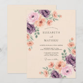 Invitation Mariage Floral Pourpre Pêche (Devant / Derrière)