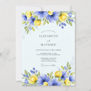 Invitation Mariage Floral Printanier Bleu Jaune