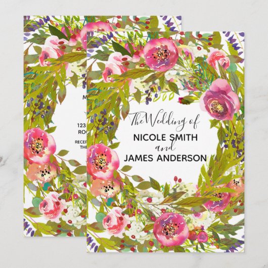 Invitation Mariage Floral Printemps Verdure Rose Fleurs (Devant / Derrière)