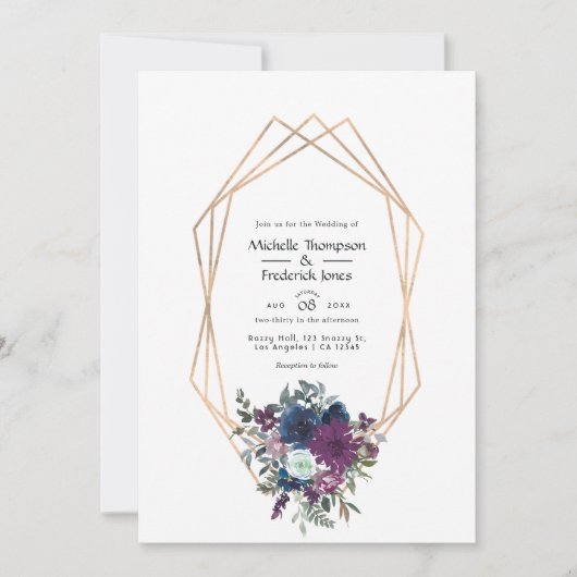 Invitation Mariage floral prune et marine (Devant)