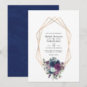 Invitation Mariage floral prune et marine (Devant / Derrière)