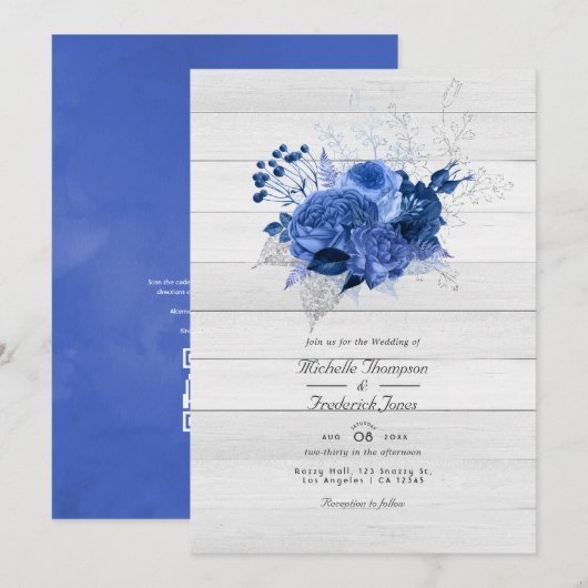 Invitation Mariage Floral QR Code Bleu Royal et Argent Rustiq (Devant / Derrière)