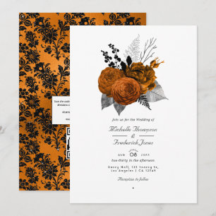 Invitation Mariage Floral QR Code Halloween noir et orange