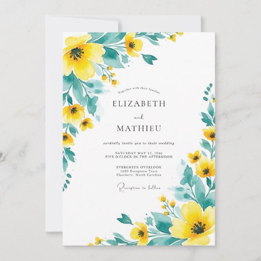 Invitation Mariage Floral Radiant Sarcelle Jaune (Devant)