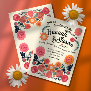 Invitation Mariage Floral Rétro Coloré Art Populaire