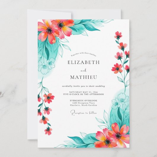Invitation Mariage Floral Romance Corail Sarcelle (Devant)