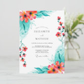 Invitation Mariage Floral Romance Corail Sarcelle (Debout devant)