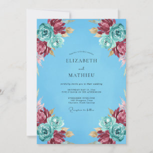 Invitation Mariage Floral Romance Rouge Grenat Sarcelle