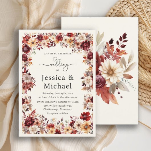 Invitation Mariage floral romantique à la crème bordeaux