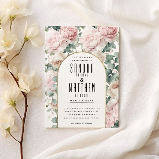 Invitation Mariage floral romantique à la menthe rose eucalyp