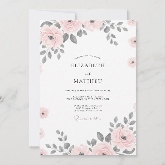 Invitation Mariage Floral Romantique Argent Rosé (Devant)