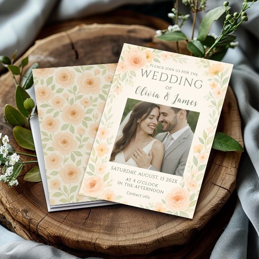 Invitation Mariage floral romantique avec Roses de pêche douc