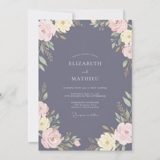 Invitation Mariage Floral Romantique Bleu Ardoise (Devant)