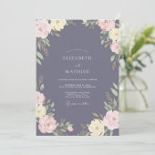 Invitation Mariage Floral Romantique Bleu Ardoise (Debout devant)