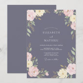 Invitation Mariage Floral Romantique Bleu Ardoise (Devant / Derrière)