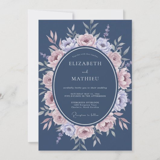 Invitation Mariage Floral Romantique Bleu Ardoise (Devant)
