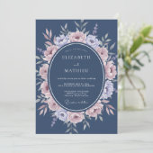 Invitation Mariage Floral Romantique Bleu Ardoise (Debout devant)