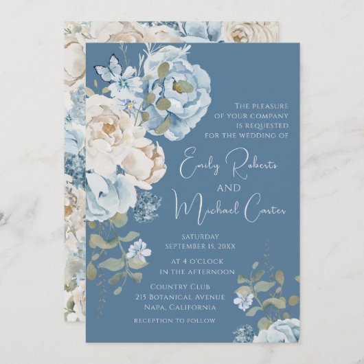 Invitation Mariage floral romantique bleu Dusty (Devant / Derrière)