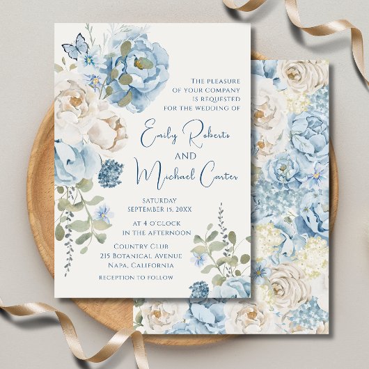 Invitation Mariage floral romantique bleu Dusty
