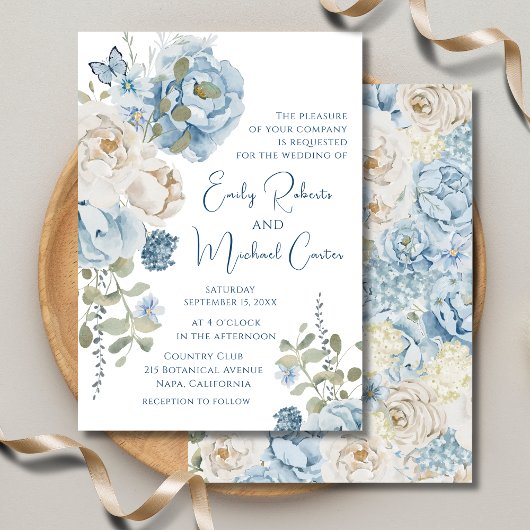Invitation Mariage floral romantique bleu Dusty