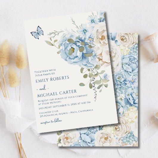 Invitation Mariage floral romantique bleu Dusty