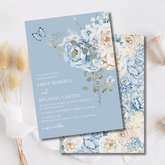Invitation Mariage floral romantique bleu Dusty