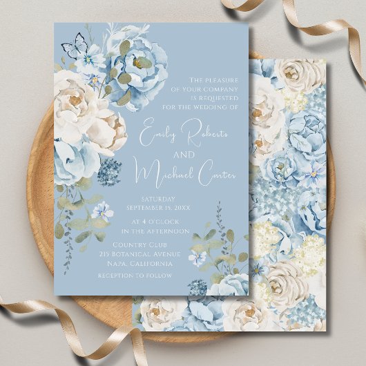 Invitation Mariage floral romantique bleu Dusty
